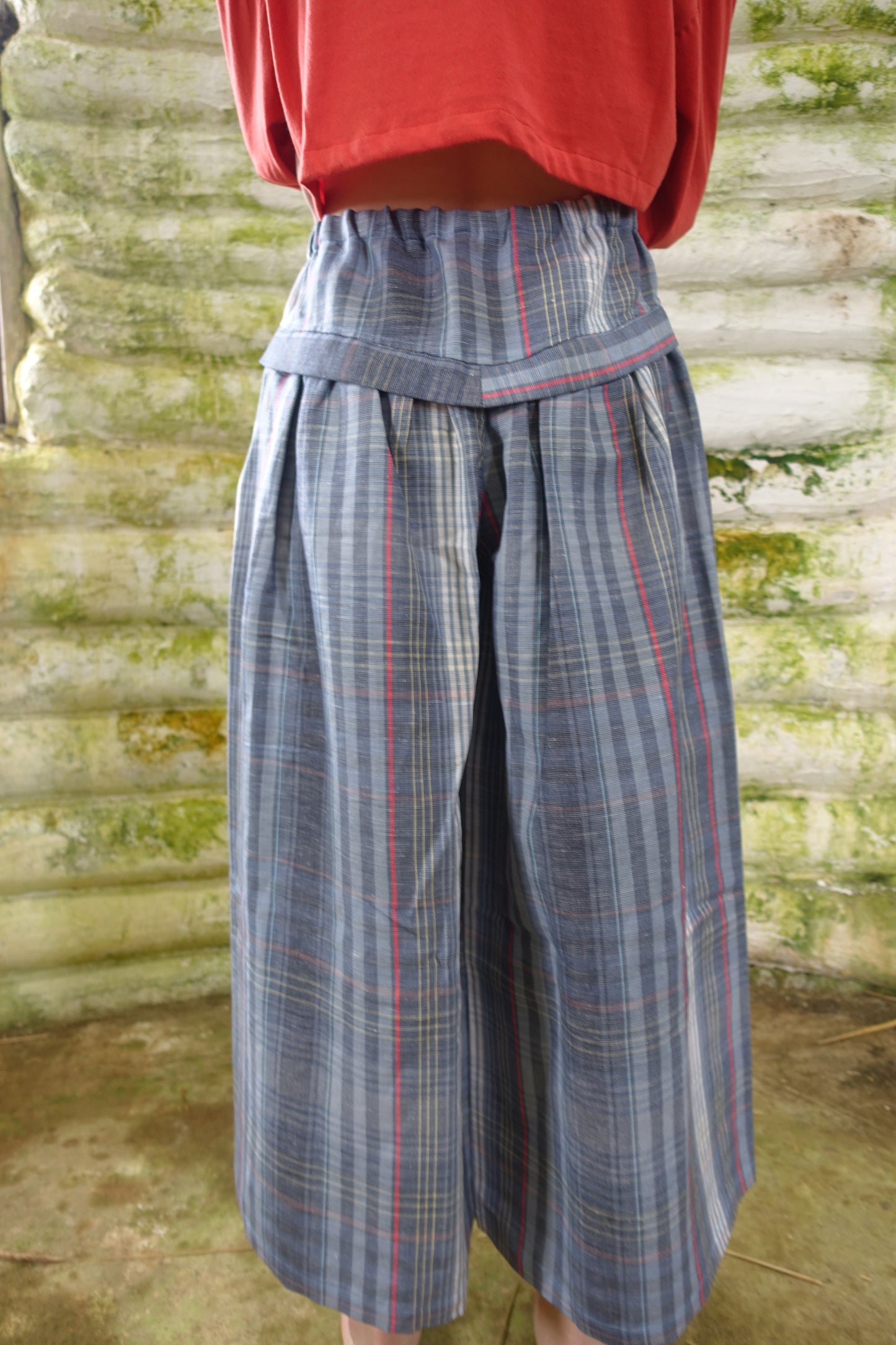 back gathered pants  blue / check